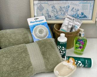 Set of 2 Ralph Lauren Towels- Bath Sheets in Light Green , Aveeno, Pure Zero Haircare, Wooden Bucket + more