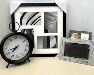 Black 10" Metal Desk Clock with Roman Numerals, Photo Frames, + Black Collage Wall Frame