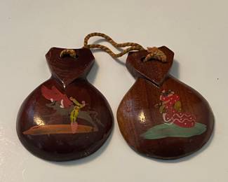 Hand-Painted Wooden Castanets with Folk Art Depictions