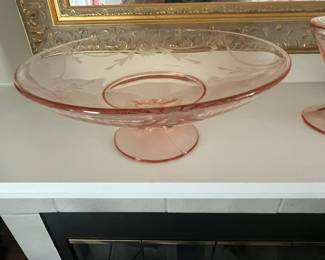 Pink Depression Glass Footed Bowl with Etched Floral Pattern (Likely Lancaster Jubilee)