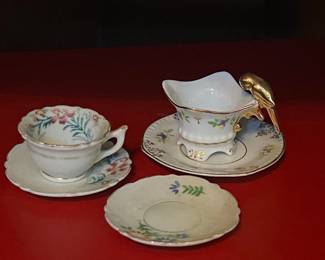 Victorian Style Porcelain Tea Cup, Saucer, and Creamer Set with Gilt Parrot