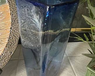 Cobalt Blue Square Glass Vase with Textured Inlay
