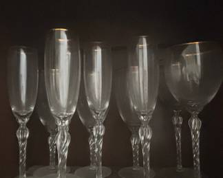 Set of 7 Vintage Lenox Twisted Stem Champagne Flutes with Gold Rim
