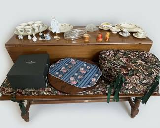 Collection of Decorative Homewares: Waterford Box, Porcelain Teacups, Silver-plated Tray, Glass Butter Dish, Gravy Boat, Matryoshka Dolls, and Figurines