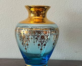 Blue Glass Vase with Gold Gilt Overlay by Ferro & Lazzarini