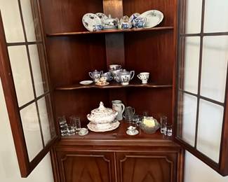 Henkel Harris Mahogany Corner Cabinet with Assorted China and Glassware