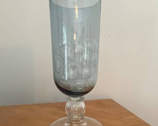 Large Blue Tinted Glass Trumpet Vase with Controlled Bubbles and Pedestal Base