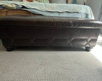 Dark Brown Faux Leather Storage Ottoman Bench with Nailhead Trim