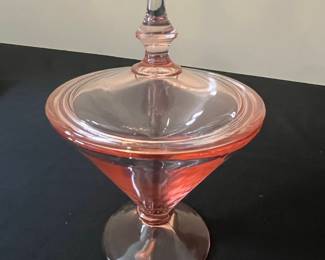 Pink Depression Glass Footed Candy Dish with Lid - Likely Lancaster Glass