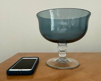 Vintage Blue Glass Footed Compote Bowl