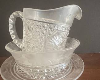 Victorian Pressed Glass Pitcher, Bowl, and Plate Set - Likely Duncan & Miller Sandwich Pattern