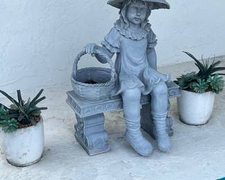 Girl with Basket and Bench Garden Statue