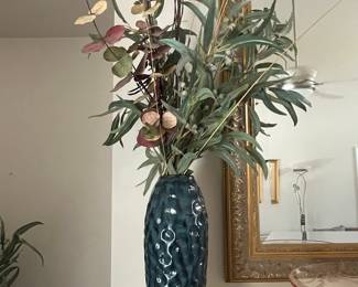 Textured Blue Ceramic Vase with Faux Eucalyptus and Grasses