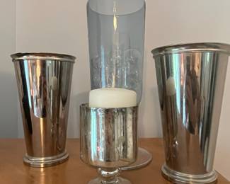 Set of 2 Silver-Plated Mint Julep Cups and Mercury Glass Candle Holder