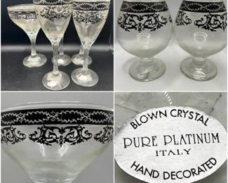 (8) Pure Platinum Blown Crystal Stemware Hand Decorated in Italy
