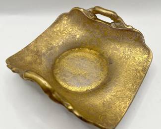 Turkish Delight European-made, Two-handled Folding Candy Dish w/ Pressed Glass & Matte Gold Finish