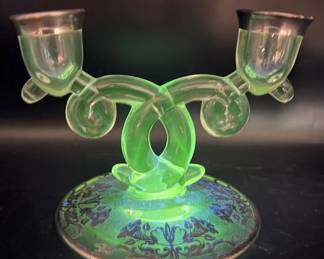 1940s-1950s Heisey Lariat Glass Double Candlestick with Green Ultraviolet Glow