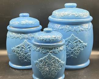 (3) Blue Embossed Ceramic Kitchen Counter Containers