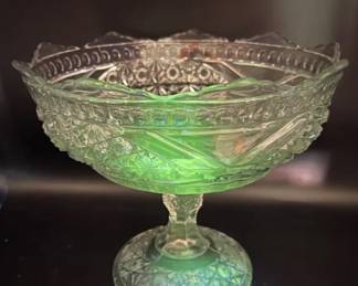 7.5” Pressed Glass Compote with Green Ultraviolet Glow