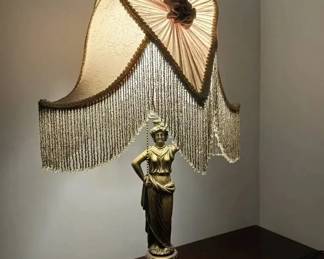 Statuesque Goddess Lamp Featuring Beaded Fringe Victorian Style Shade