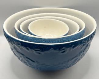 (4) Blue Embossed Pottery Nesting Bowls