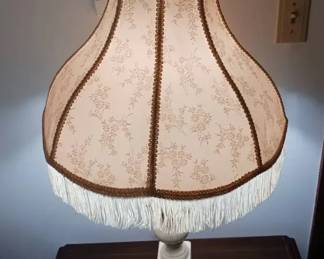 Antique Neoclassical Alabaster or Marble Carved Lamp with Bell-Shaped & Fringed Shade
