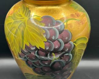 Handpainted Vintage Vase with Purple Grapes and Green Leaves on a Gold Background