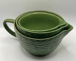 (3) Nesting Bowls with Pour Spouts in “Old World” Embossed Green & (1) Matching Bowl