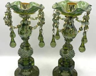 (2) Ornate Sparkling Olive Green Candlesticks
