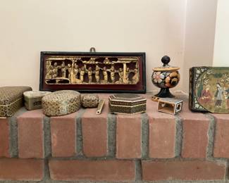 Antique 19th century Chinese wall panel, Persian inlaid boxes