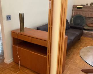 1970s Domus Manhattan Beachwood floor lamp, teak sideboard, 1970s brass scoop desk lamp