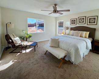 Bedroom furniture, beds, benches, nightstands, chairs, lamps, wall art