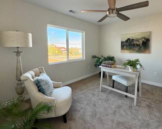 Accent chairs, floor lamps, equestrian art, desks, faux plants