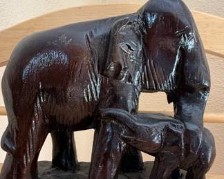 HandCarved Teak Wood Elephant Family Figurine
