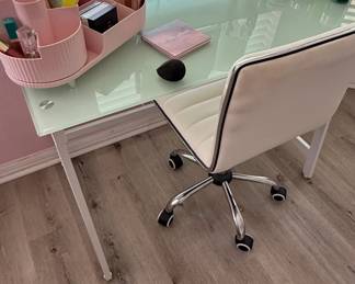 Modern Glass Top Vanity Desk with White Upholstered Chair