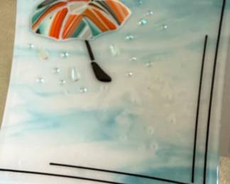 Fused Glass Decorative Plate with Umbrella and Rain Design