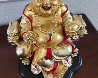 Golden Laughing Buddha Statue with Money Bag and Dragon Arm Rests