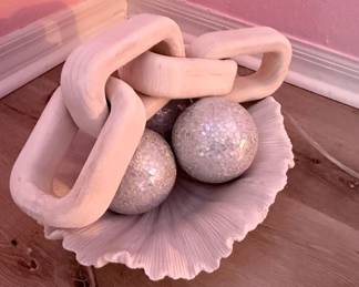 Decorative Chain Link Sculpture with Mosaic Spheres in Shell Bowl