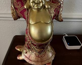 Laughing Buddha Figurine on Turtle Base Gold and Red Brocade