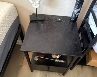 VECELO Black Metal Nightstand with Integrated Power Strip