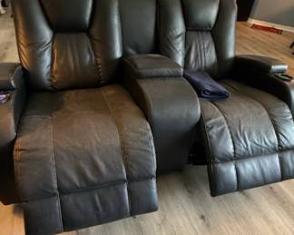 Black Leather Dual Power Reclining Loveseat with Console