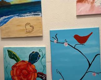 Assorted Acrylic Paintings Sea Turtle, Beach Sunset, Bird, and Fox or Wolf
