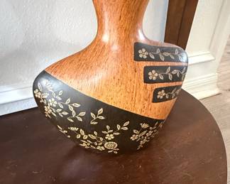 MidCentury Modern Faux Wood Ceramic Vase with Etched Floral Design
