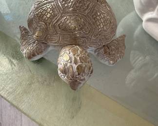 Decorative Ceramic Turtle Figurine with Distressed Gold and White Patina