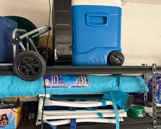 Igloo Rolling Cooler, Beach Umbrella, and USA Cooler Bag