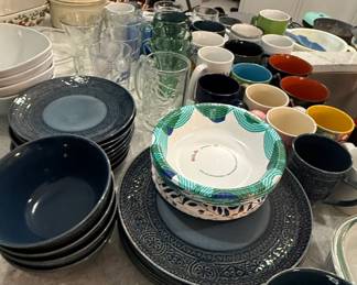 Assorted Ceramic Dinnerware and Drinkware Set with Embossed Blue Plates and Bowls