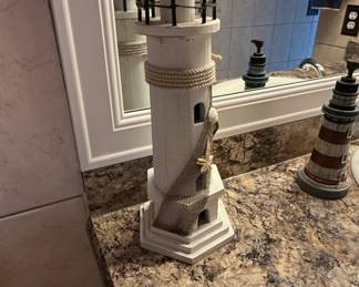 Wooden Lighthouse Candle Holder with Netting and Starfish