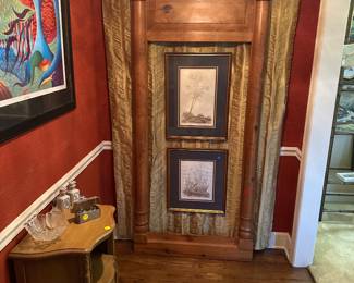 Old pine frame or architectural piece and prints. 