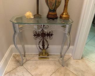 #9 - $68 - Metal base with glass top side table 30wx12dx29t