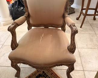 #31 - $350 - Pair of Louis XV style armchairs cream colored with silk upholstery 27wx22dx43t - some losses in silk
